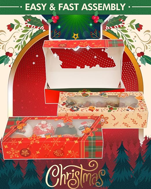 qiqee Christmas 12Packs Cookie Box with Window 12x5.5x2.5 Inch Two Uses Pastry Biscuit Bakery Box for Christmas