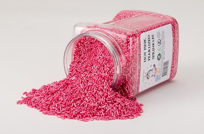 HOT PINK PEARLIZED SPRINKLES-CAKE DECORATING JIMMIES, CUPCAKES, COOKIES, AND CAKES TOPPER, BULK CANDY, LARGE 1.5 LBS. DAIRY FREE, GLUTEN FREE, EGG FREE, VEGAN, SOY FREE, NUTS FREE, KOSHER