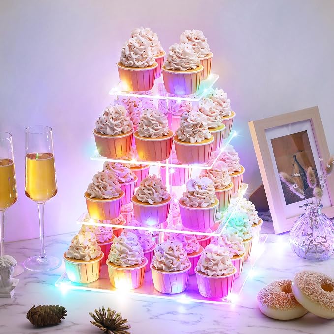 Suneerplay 4 Tier Cupcake Stand with LED String Light, Acrylic Cupcake Display Stand, Square Cupcake Tower Holder, Cup Cake Stand for Birthday, Wedding, Baby Shower, Party