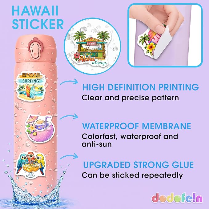 Hawaii Beach Stickers – Waterproof Vinyl Aloha Tropical Vacation Decals for Water Bottles, Laptops, Journaling – Non-Repeating Decals, High-Definition Print Gift for Womens (50PCS)