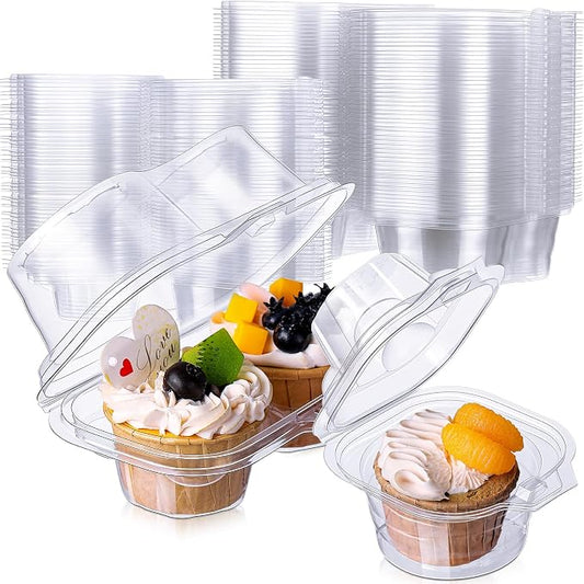 Maxdot 150 Pcs Clear Individual and 2 Count Cupcake Containers Plastic Cupcake Boxes with Connected Airtight Dome Lid, Stackable Muffin Holders for Mothers Day, Parties