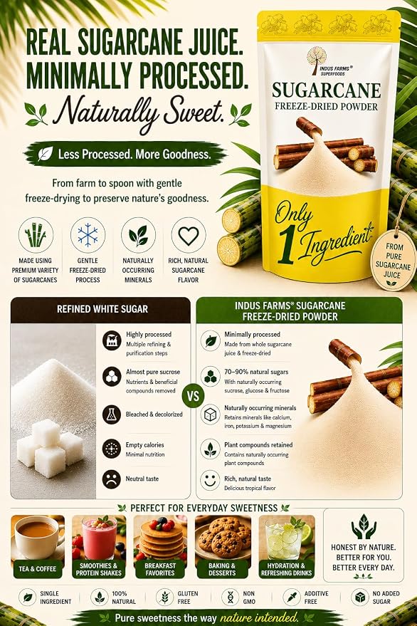 Indus Farms Freeze-Dried Sugarcane Juice Powder, Single Ingredient Made from Real Sugarcane Juice, No Additives or Preservatives, For Smoothies, Baking, Desserts & Beverages, 1 LB