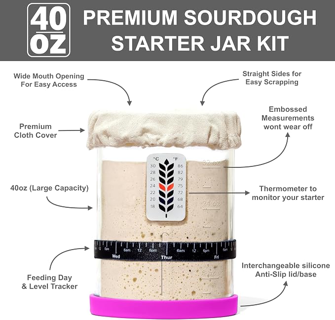 Premium Sourdough Starter Jar - 40oz Large Sourdough Jar with Marked Feeding Band, Scraper, Cloth Cover and Silicone Lid/Base, Wide Mouth Starter Kit - Pink