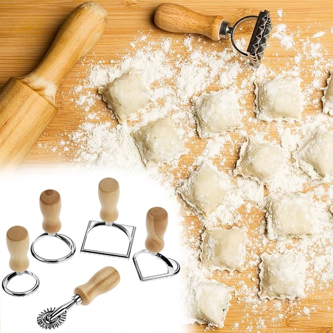 QWORK Ravioli Stamp Maker Cutter with Roller Wheel Set – Wood Handle, Sturdy Aluminum Frame, Precise Fluted Edges – Perfect for Ravioli, Pasta, Cookies
