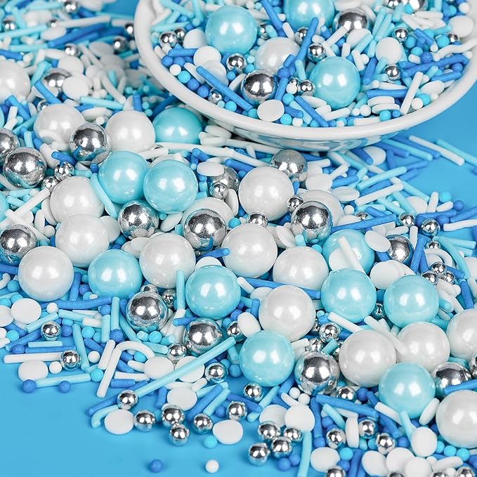 Edible Blue Silver White Sprinkles,Winter Jimmies Pearls Mix,130g/4.58oz,Perfect for Cake Decorations,Cake and Cupcake Sprinkles with Assorted Shapes and Sizes for Parties Baking,Ice Cream,Cookies,Cupcake Topper,Baby Shower Party Decorating Supplies