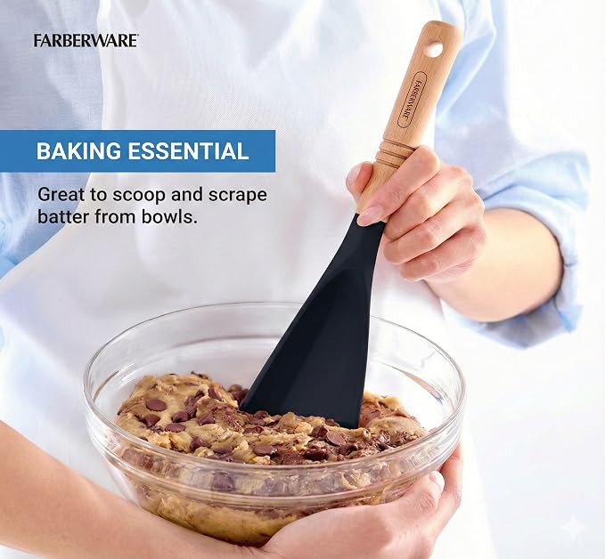Farberware Pro Spoonula with Beechwood Handle, Black Silicone Scraper Spoon for Mixing, Scraping, and Serving - Kitchen Utensil with Hang Hole for Easy Storage
