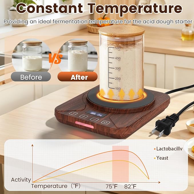 Sourdough Starter Warmer with 1°F Thermostat Control(70-100℉)24H Timer Memory Function Heating Pad for Fermentation, Heating Mat for Home Baking Fits Jars Up to 40oz (Wood Grain)