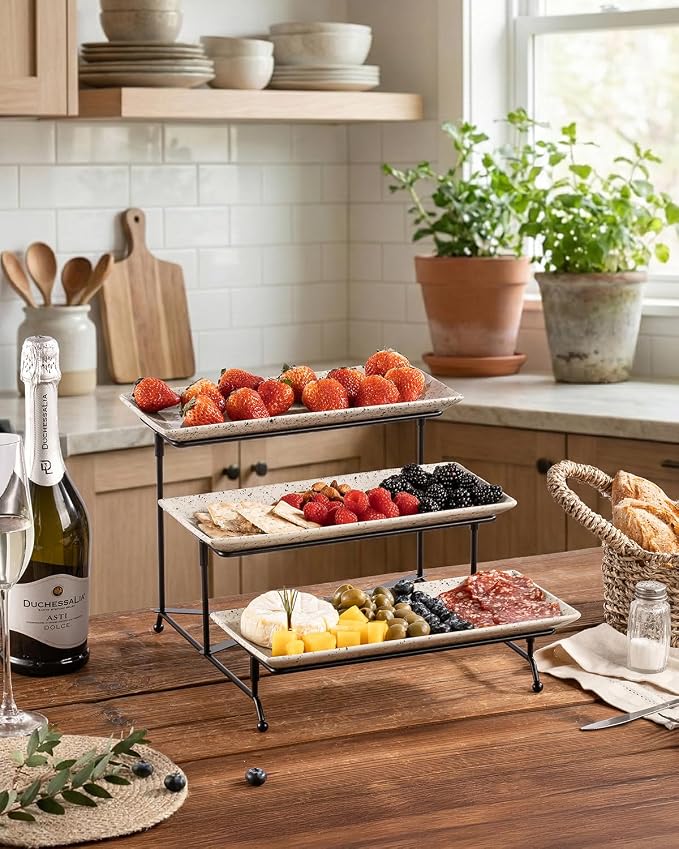 LAUCHUH 3 Tier Serving Tray, Porcelain Serving Platters and Trays for Party 12 Inch Tiered Tray Stand Cupcake Stand with Collapsible Sturdier Rack for Father's Day Serving Food, Speckled Glaze