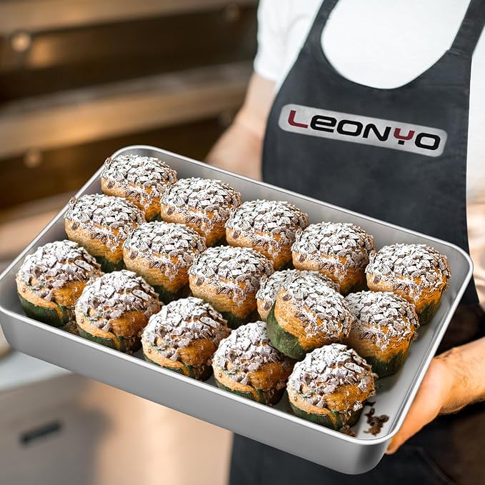 Leonyo 12⅓ x 9¾ x 2 In Baking Cake Pan with Lid Set of 2, Stainless Steel | For Focaccia, Bread, Brownies, Casseroles, Refrige & Oven Safe