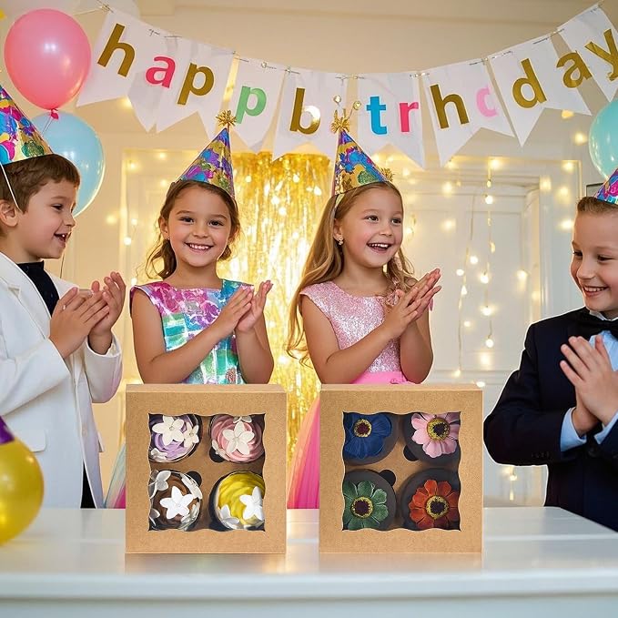 Cupcake Boxes 6.2x6.2x3 Inches 20 Pack with Window & 4 Cavity - Versatile Baking Containers for Cupcakes, Cookies & Treats | Holiday, Birthday & Bakery Supplies