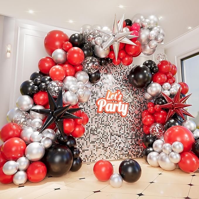 Bonropin 161pcs Red and Black Balloon Arch Kit with Explosion Star Balloons, 5/10/12/18in Red/Black and Metallic Silver Balloons Garland Kit for Birthday Prom Graduation Party Decorations