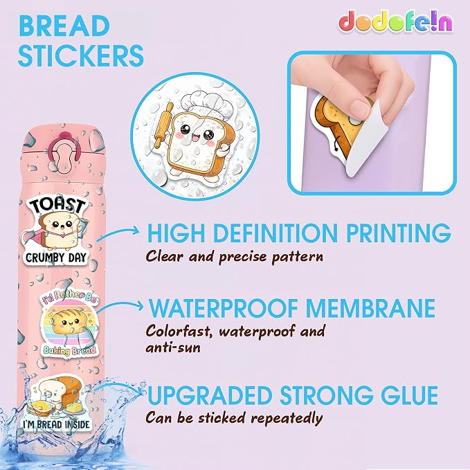 Bread Stickers, Sourdough Stickers 50PCS – Waterproof Vinyl Positive Food Decals for Water Bottles, Laptops, Journaling – Non-Repeating Decals, High-Definition Print Gift for Womens