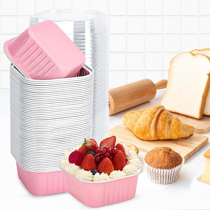 60Pack 5oz Pink Mini Cake Pans with Lids, Spoons and Stickers Baking Cups Aluminum Foil Pans Tins, Individual Dessert Cups Containers for Sales,Party,Picnics