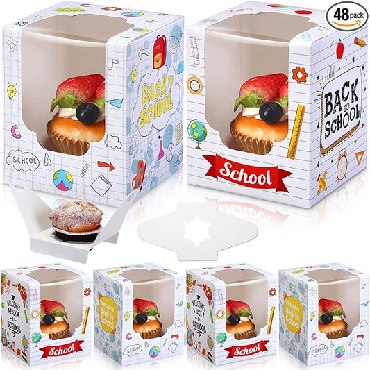 48 PCS Back to School Party Cupcake Boxes Individual with Window Inserts First Day of School Single Cupcake Containers Welcome Back to School Cake Treat Boxes for School Classroom Party Favor Supplies