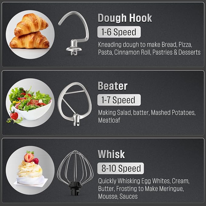 6.5QT Tilt-Head Stand Mixer, Heavy Duty Pro 10-Speed Electric Mixer, Stainless Steel Cladding & Bowl with Dough Hook, Wire Whisk and Flat Beater for Home Baking, Bread, Cake, Pizza Dough