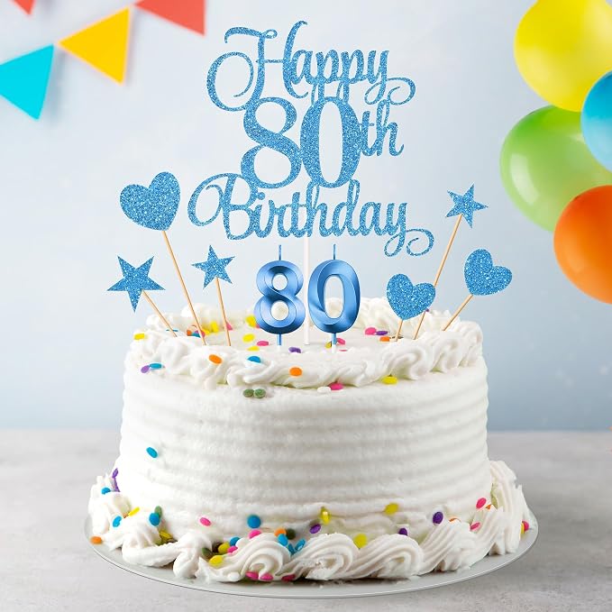 80th Birthday Cake Decorations, 80th Birthday Candles Cake Numeral Candles and Glitter Happy 80th Birthday Cake Toppers Set for Birthday Party Supplies (Blue)