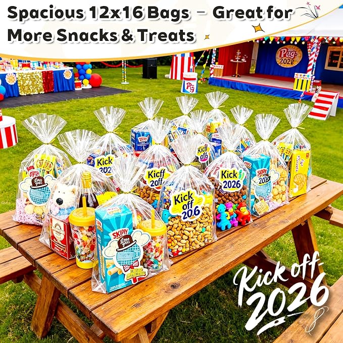 PigPotParty Cellophane Bags 12x16 Inch, 50 Pack Clear Plastic Gift Bags with Bottom Gusset for Stand-Up Display, Medium Cello Wrap for Large Goodies, Treats, Party Favors, Mugs, Includes 50 Gold Ties