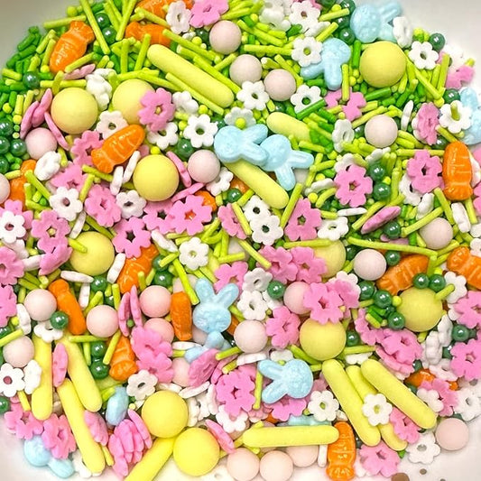 Easter Sprinkles Mix, 4.23 oz Pastel Bunny Rabbit and Carrot Flower Confetti Jimmies, Nonpareils for Cake Decorating, Cookie, Cupcake, Ice Cream Topper, Baking Toppings - Spring, Birthday Party Supplies