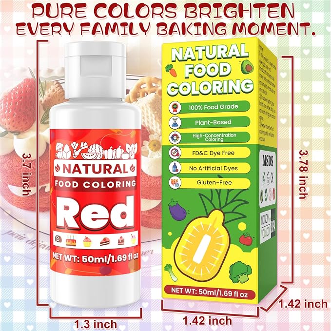 Red Natural Food Coloring - 50ml Plant Based Food Dye, No FD&C & Artificial Dyes, Gluten-Free, Food-Grade, Vibrant Liquid Colors for Icing, Baking, Cake Decorating, Frosting, Fondant, Slime - 1.69 Fl.Oz Bottles