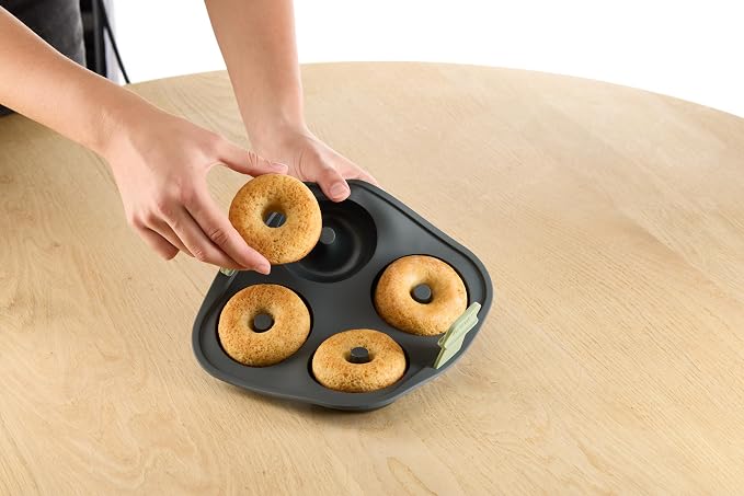 Lékué Air Fryer Donut Mold - Make 4 Donuts in under 30 mins - 100% Platinum Silicone Baking Pan for Air Frying, Fits in Draw Tray, Pull-up Handles for Easy Removal, Non-Stick, Easy De-Molding