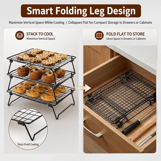 3 Pcs Stackable Cooling Racks with Collapsible Legs, Tiered Cooling Racks with 50 Sheets Baking Paper, 11.81 x 7.87 Inches, Collapsible Ventilation Holder for Cookies, Cakes, Roasting, Drying