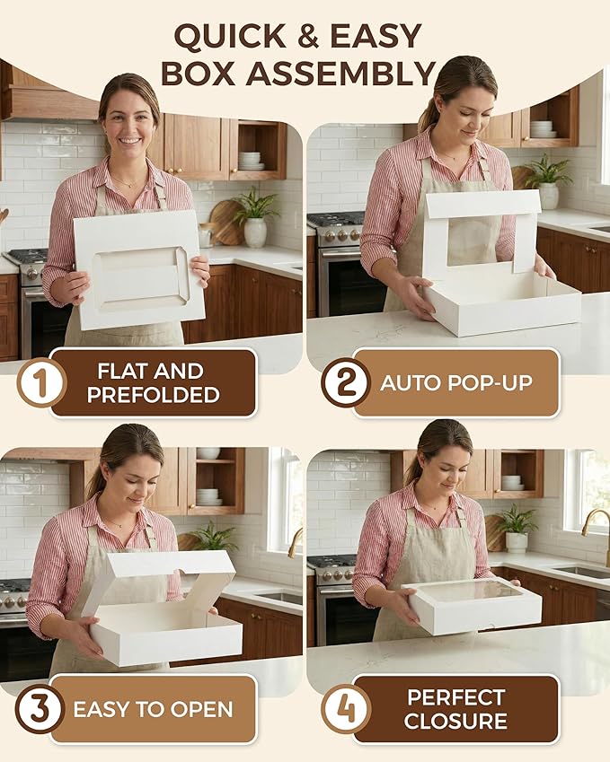 20pcs Cookie Boxes with Window 14x10x2.5 inch, Large Bakery Boxes, Auto-Popup Treat Box for Desserts, Chocolate Covered Strawberries, Breakable Heart, Pastries, Cajas Para Postres with 80 Stickers