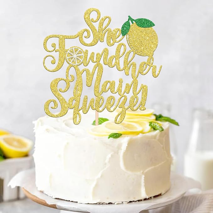 1 PCS She Found Her Main Squeeze Cake Topper Glitter Fruit Lemon Bridal Shower Cake Pick Decoration for Lemon Theme Wedding Engagement Bridal Shower Bachelorette Party Cake Decorations Supplies