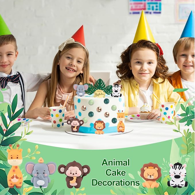 27PCS Safari Animal Cake Topper, Plam Leaves Balls Cake Decorations Birthday Cake for Wild Theme Birthday Decorations Supplies