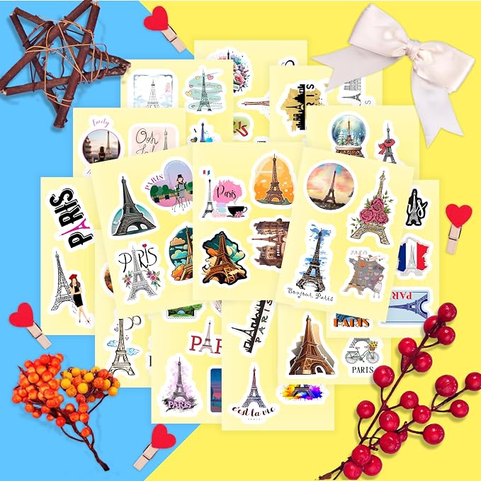 100Pcs Eiffel Tower Stickers for Water Bottle and Laptop - Eiffel Tower Party Supplies & Decorations, Waterproof Vinyl Decals, Paris and Travel Stickers, Gifts for Women & Men