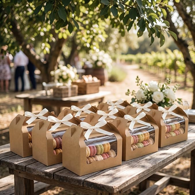 50 Pack Large Gable Box with Window, 9"x6"x6" Kraft Paper Party Favor Treat Box, Goodie Gift Boxes with Handle, Lunch Togo Boxes for Christmas Birthday Wedding Picnic Bakery Catering