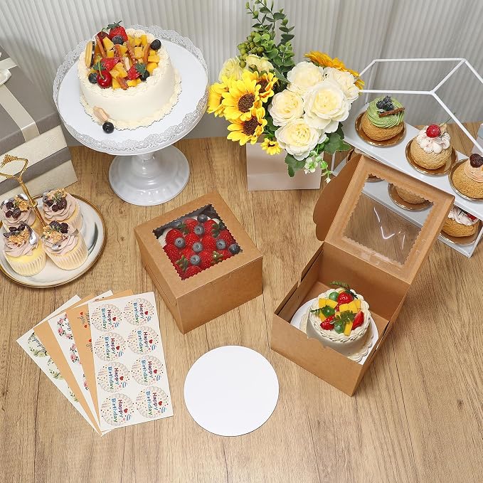 COTOPHER 50pcs 6x6x5 Inch Mini Cake Boxes, 6 Inches Small Bakery Box (25 Boxes & 25 Boards), Bento Cake Containers for Cookies, Cupcake, Desserts, Birthday, Party, Wedding, Valentine's Day