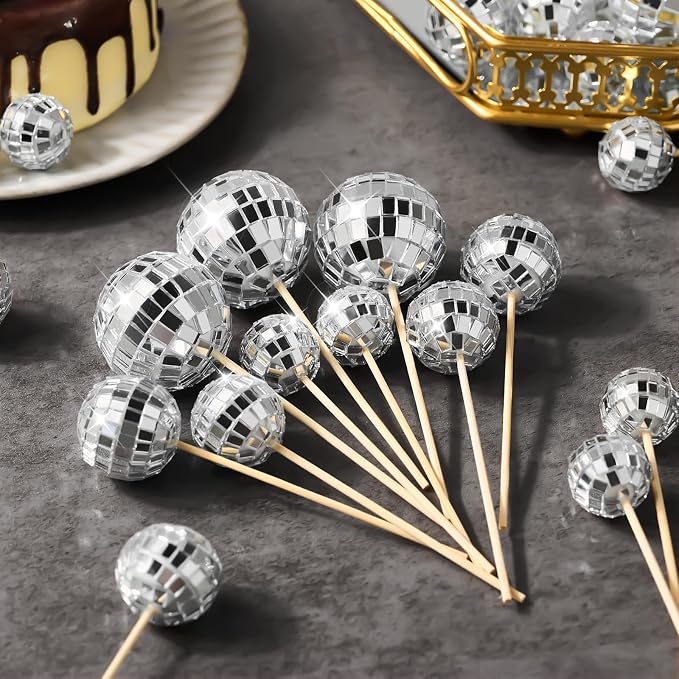 Soelomu 23 Pcs Disco Ball Cake Toppers, Happy Birthday Cupcake Picks 1970s Disco Theme Decorations for Birthday Party Favor