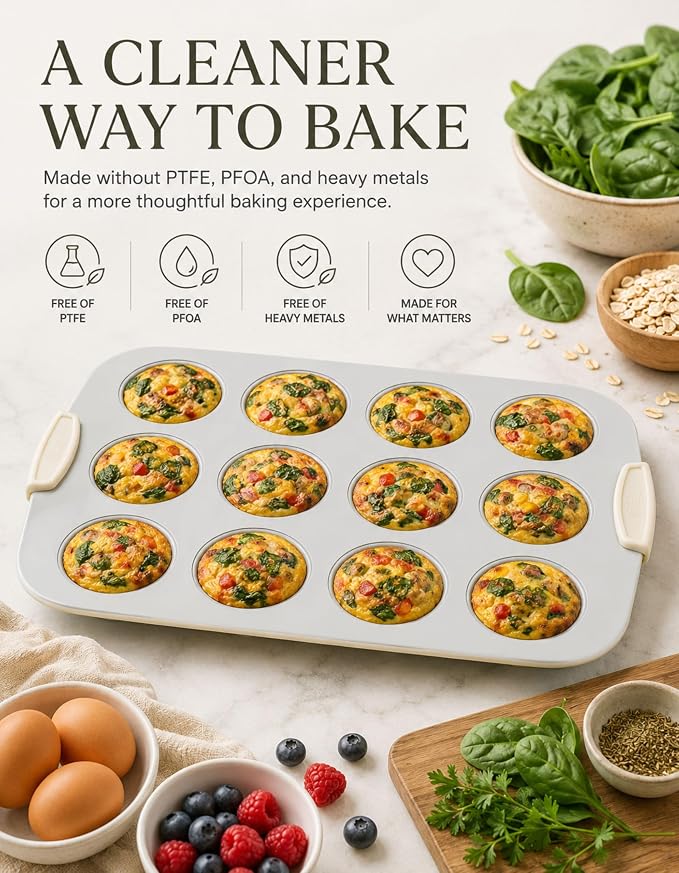 Boxiki Kitchen Ceramic 12-Cup Muffin Pan, 15.55"x11" Nonstick Cupcake Pan - Heavy Duty 0.6mm Aluminized Steel, KFCC Ceramic Coating, Oven Safe to 550°F, Rustproof & Warp Resistant Baking Pan