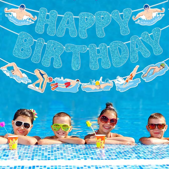 Zwiebeco Blue Swimming Happy Birthday Party Decoration Banner Bunting Garland Hanging Paper for Boys Girls Men Women Kids Adults Summer Pool Swim Sports Themed Birthday Decor Accessories Supplies