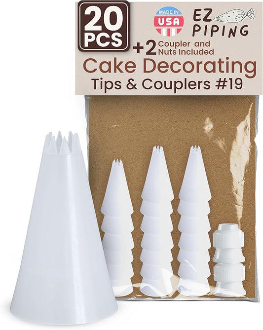 Reusable Plastic Piping Tips Standard Size Star Tip #19 20 PacK with 2 Couplers Icing Nozzles for Cake Decoration Dessert Design Baking Supplies and Piping Bags Base Ø 0.75" Height 1.25"
