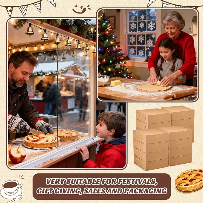 36 Pack Pizza Bakery Boxes 8" x 8" x 3" Kraft Square Bakery Boxes for Pie, Cookies, Cheesecake, Chocolate Covered Strawberries, Dessert Brown Paper Cardboard Container for Treats