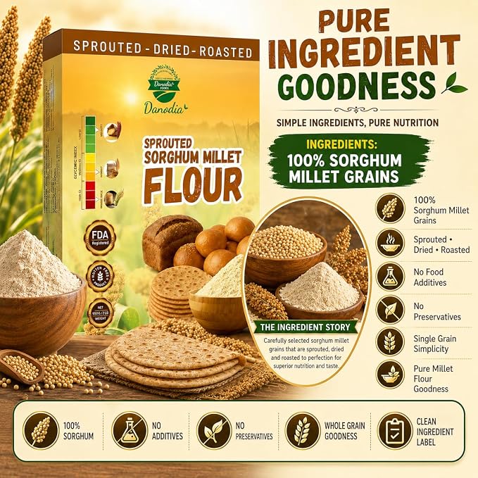 Danodia Foods Sprouted Jowar Flour 950g / 2 lb, Sorghum Flour/Jowar Atta, Roasted & Ground Millet Flour for Roti, Bhakri, Flatbread, Porridge & Baking, Indian & US Pantry