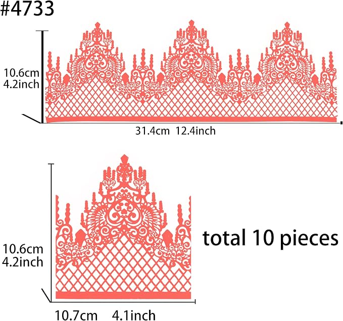 Large Pre-Made Ready to Use Edible Cake Lace Lattice Diamond Scallop Red 12-inch 10-Piece Set