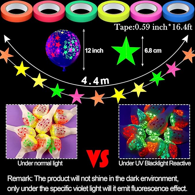 Skylety 32 Pcs Glow in The Dark Party Supplies Neon Party Favors with 25 Fluorescent Balloon 6 Rolls 98.4 ft UV Blacklight Luminous Tape 14.4 ft Neon Streamer Garland for Adults(Clear Star)