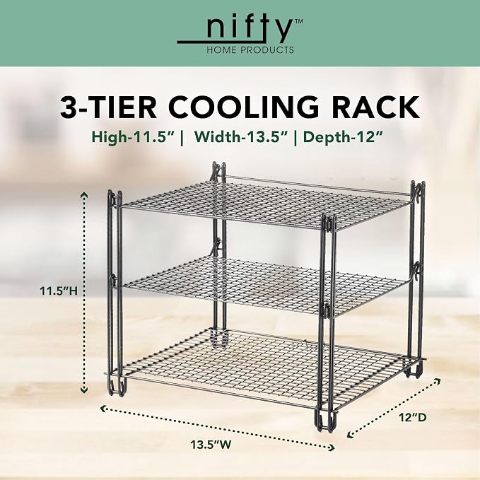 Nifty 3-Tier Cooling Rack – Non-Stick Coating, Wire Mesh Design, Dishwasher Safe, Collapsible Kitchen Countertop Organizer, Use for Baking Cookies, Cakes, Pies