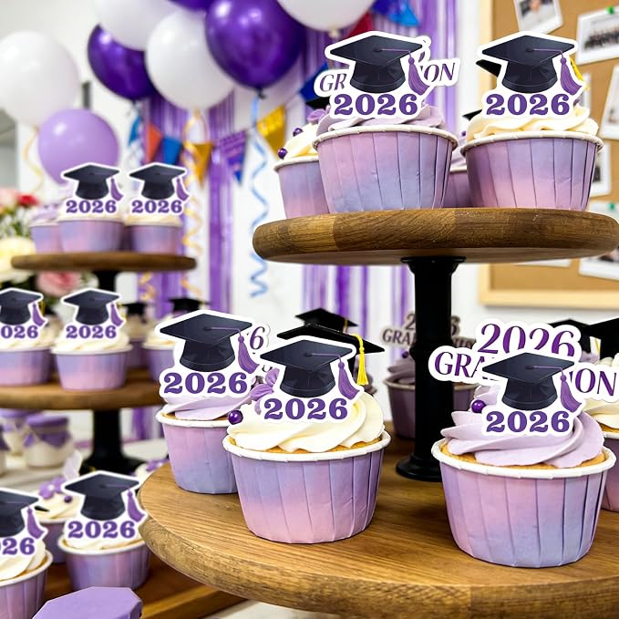 42pcs Edible Graduation Cap Cupcake Toppers Wafer Paper Purple Class of 2026 Cake Decorations Edible Grad Cap Cupcake Picks for 2026 Graduation Theme Party Cake Decor Supplies