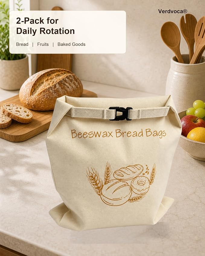 Beeswax Bread Bags for Sourdough, 2 Pack XL Reusable Organic Cotton Linen Bread Storage Bags with Lock Buckle, Natural Bees Wax Bread Bag for Homemade Bread, Freezer Friendly Food Storage, Keep Fresh