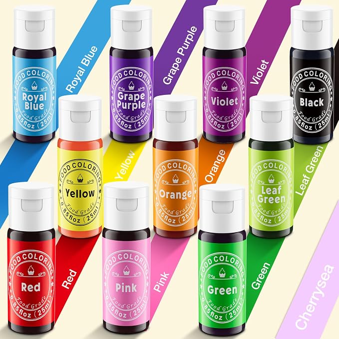 Food Coloring Liquid 25mlx10 Colors for Baking,Cherrysea Food Grade Cake Food Coloring Set for Halloween, Fondant, Cookies, Icing, Easter Egg Dessert Decorating Making DIY Supplies Kit