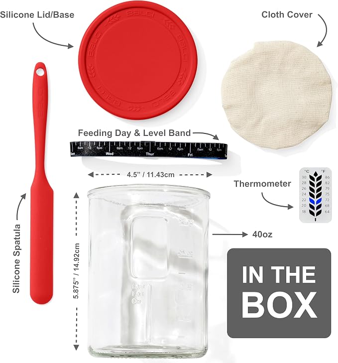 Premium Sourdough Starter Jar - 40oz Large Sourdough Jar with Marked Feeding Band, Scraper, Cloth Cover and Silicone Lid/Base, Wide Mouth Starter Kit - Red