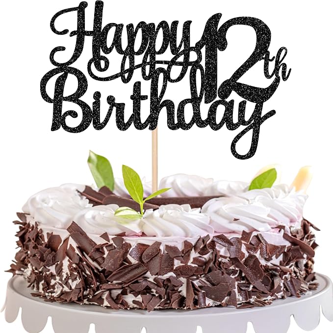 1 PCS Happy 12th Birthday Cake Topper Glitter Cheers to 12 Years Birthday Cake Pick 12 Fabulous Cake Decoration for Happy 13th Birthday Theme Party Decorations Supplies Black