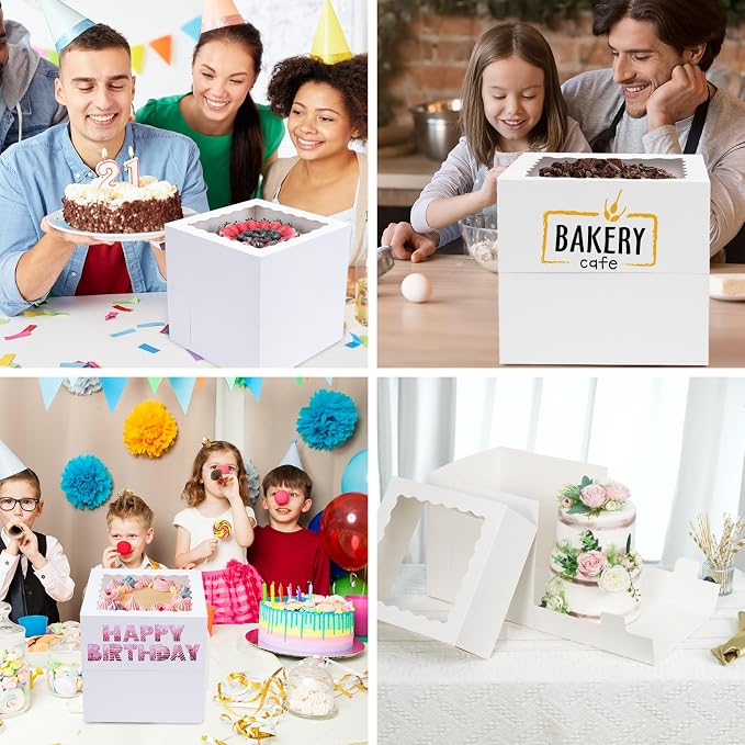 Moretoes 16 Pack Cake Boxes, 12x12x12 Inch Tall Cake Containers with Window for Tier Cakes, Disposable Sturdy Bakery Carrier with Lids, for Valentine's Day, Mother's Day, Wedding, Birthday