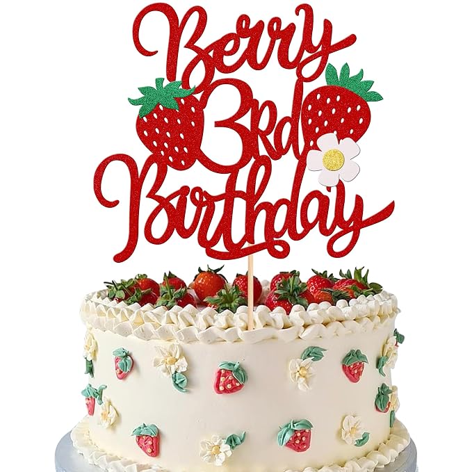 1 PCS Strawberry Berry 3rd Birthday Cake Topper Glitter Flower Sweet Fruit Theme Third Birthday Strawberry Cake Pick for Strawberry Theme Baby Shower 3rd Birthday Party Cake Decorations Supplies