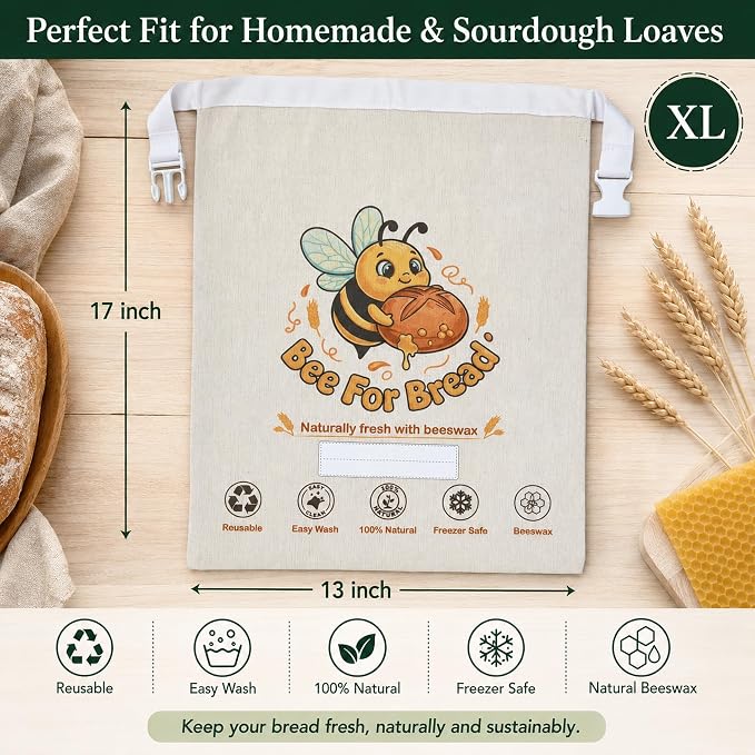 Beeswax Bread Bags for Homemade Bread Sourdough, 2 Pack XL Organic Cotton Linen Beeswax Bread Bag, Reusable Food Storage with Dry Erase Strip, Keeps Fresh, Freezer Safe, Easy Wash, Eco-Friendly