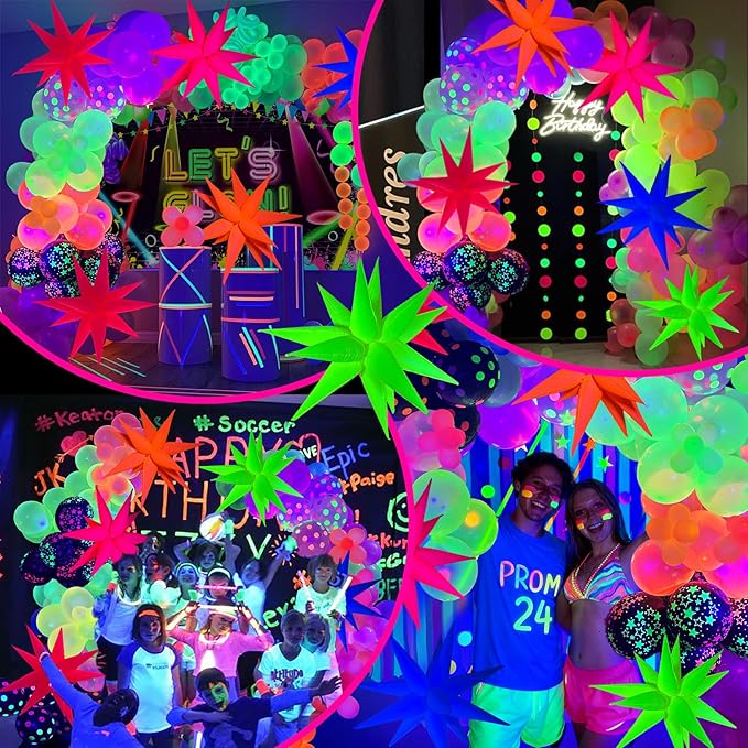 UV Neon Balloons, Glow in the Dark Party Supplies Neon Foil Explosion Star Balloon Kit Cone Balloons Glow in the Dark Birthday Decorations for Blacklight Party Decoration