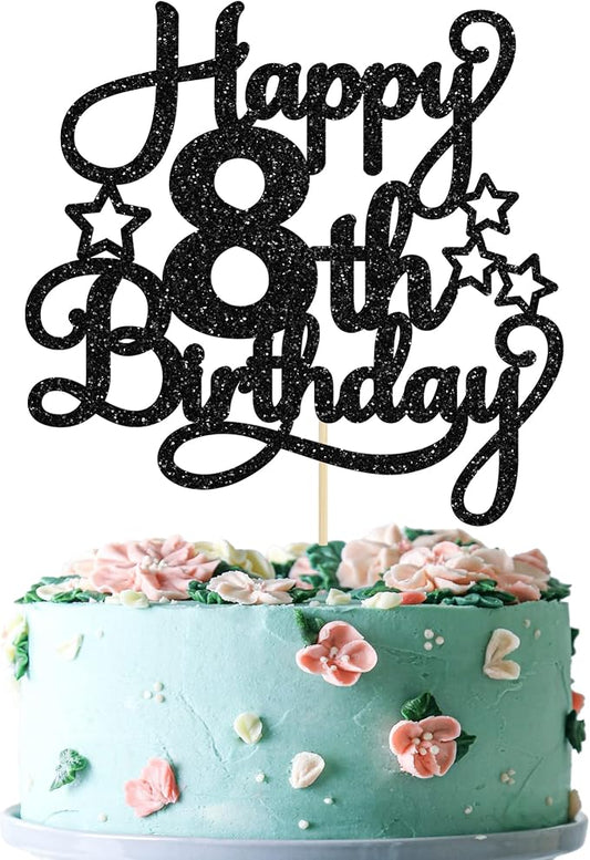 1 Pack Happy 8th Birthday Cake Topper Black Glitter 8th Birthday Cheers to 8 Years Old Birthday Cake Pick for Celebrating Birthday Anniversary Party Cake Decorations Supplies